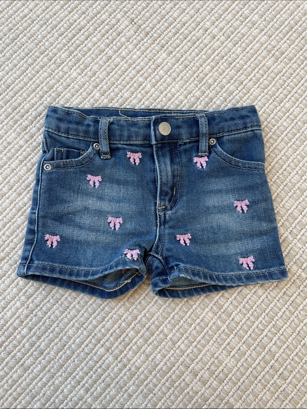 Tractr Dark Blue Denim Shorts with Pink Bow Embroidery